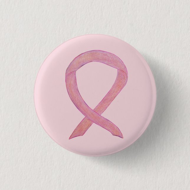 Pink Awareness Ribbon Custom Art Button Pins (Front)
