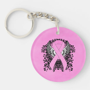 Pink Awareness Ribbon on with Wings Key Ring