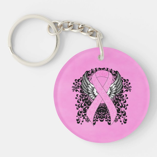 Pink Awareness Ribbon on with Wings Key Ring (Front)