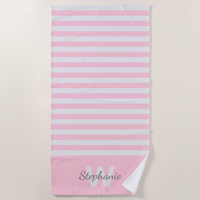Pink awning stripe with personalisation  beach towel (Front)