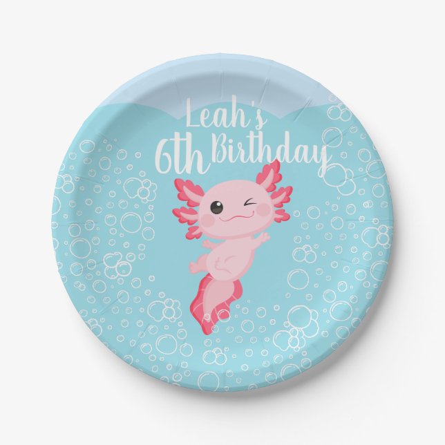 Pink Axolotl Birthday Party Paper Plate (Front)