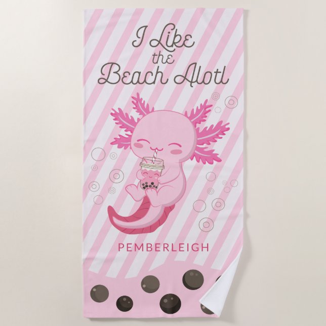 Pink Axolotl Boba Tea Stripes Beach Towel (Front)