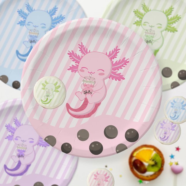 Pink Axolotl Bubble Boba Par-tea Birthday Paper Pl Paper Plate (Creator Uploaded)