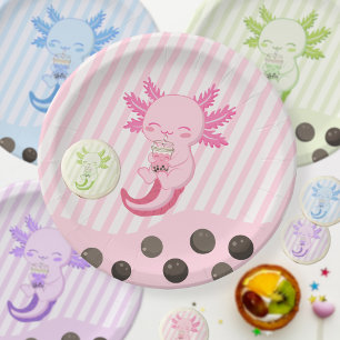 Pink Axolotl Bubble Boba Par-tea Birthday Paper Pl Plate
