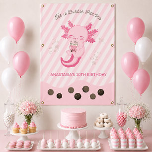 Pink Axolotl Bubble Boba Tea Birthday Party Banner