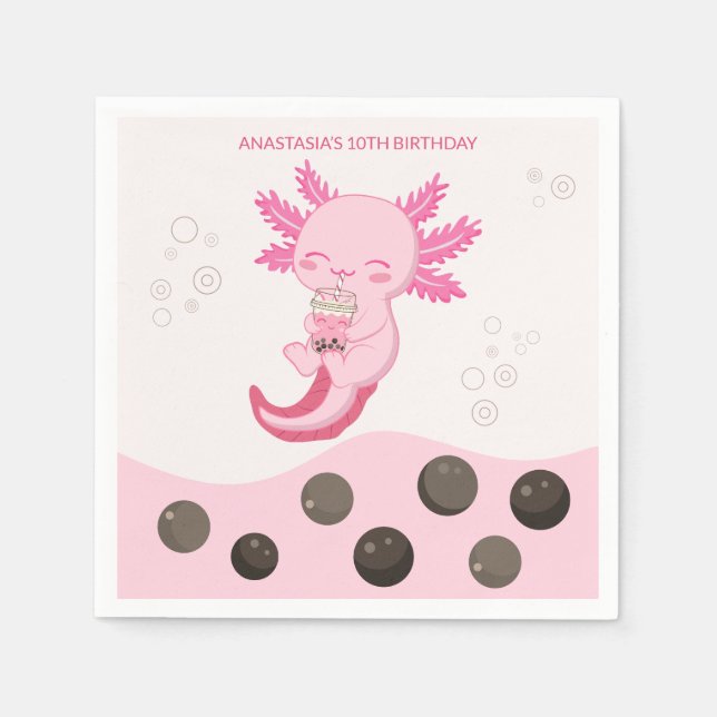 Pink Axolotl Bubble Milk Boba Tea Birthday Napkin (Front)
