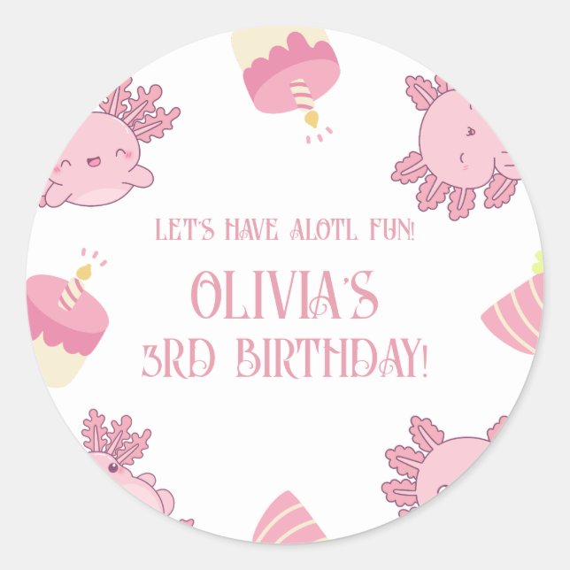 Pink Axolotl Kids Birthday Mailer or Gift Classic Round Sticker (Front)