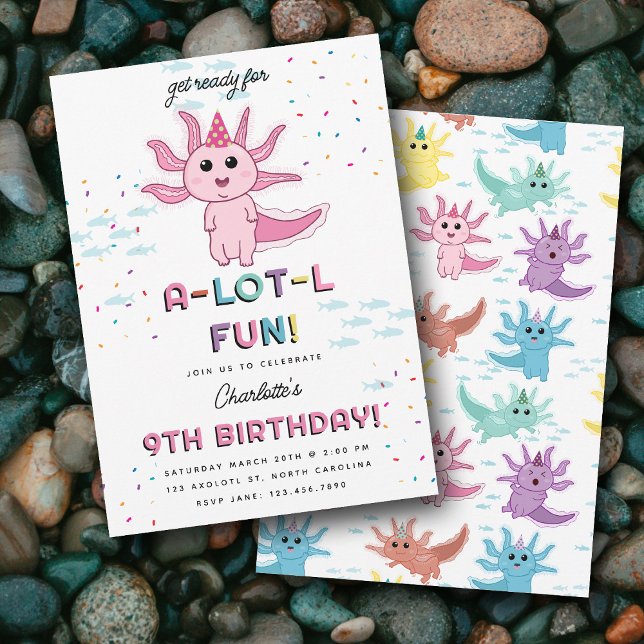 Pink Axolotl Kids Cute Salamander Birthday Party Invitation (Pink Axolotl Kids Cute Salamander Birthday Party Invitation)