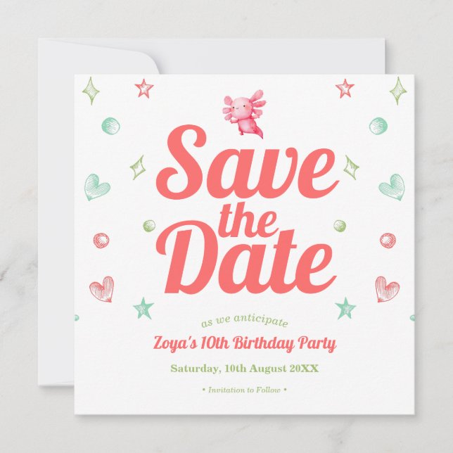 Pink Axolotl Watercolor Birthday Save The Date (Front)