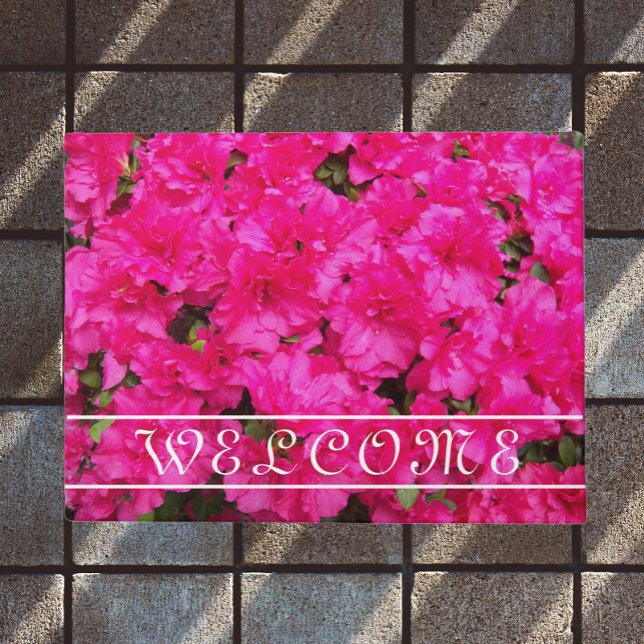 Pink Azalea Blooms Floral Welcome Doormat (In Situ)