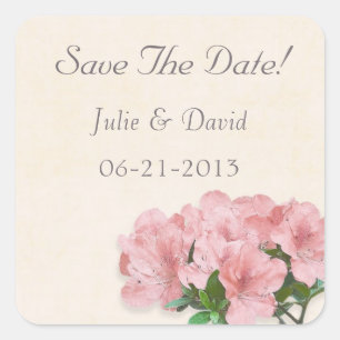Pink Azalea Flowers & Frame Save The Date Wedding Square Sticker