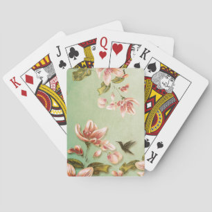 Pink Azaleas Vintage Floral on Green Mist Playing Cards