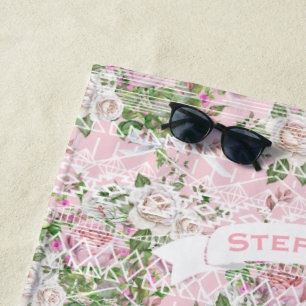 Pink Aztec Trellis Rose Pattern Name or Quote Beach Towel