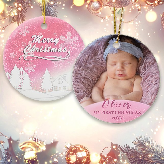 Pink Baby 1st Christmas Custom Photo  Ornament (Creator Uploaded)