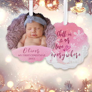 Pink Baby 1st Christmas Custom Photo  Tree Decoration Card