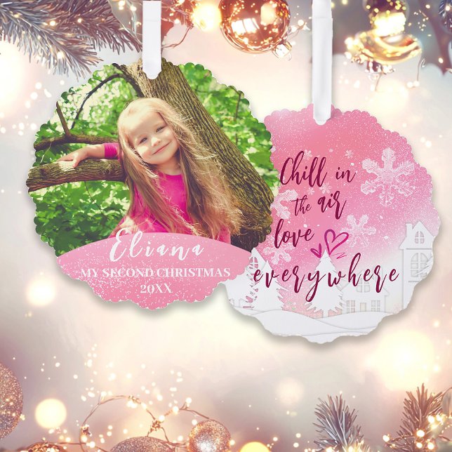 Pink Baby 2nd Christmas Custom Photo Tree Decoration Card (Creator Uploaded)