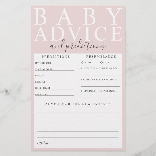 Pink Baby Advice & Predictions Baby Shower Game (Front)