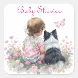 Pink Baby and Puppy Baby Shower Square Sticker