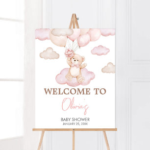 Pink Baby Bear Balloon Baby Shower Welcome Poster