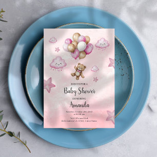 Pink Baby Bear Balloon Girl Baby Shower Invitation