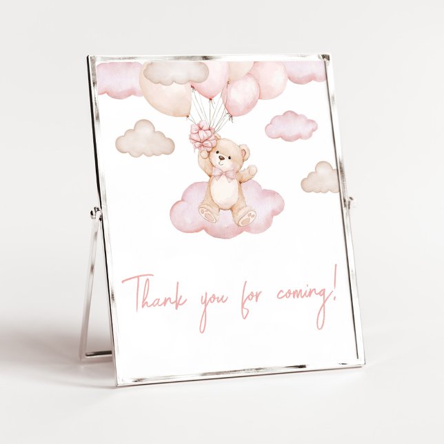 Pink Baby Bear Balloon Thank you for Coming Poster (Pink Baby Bear Balloon Baby Shower Thank you for Coming Sign)