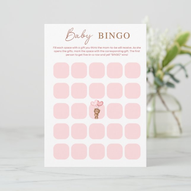 Pink Baby Bear & Balloons Baby Shower BINGO Card (Standing Front)