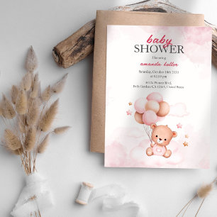 Pink Baby Bear Balloons Baby Shower Invitation