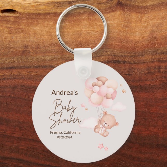 Pink Baby Bear & Balloons Baby Shower Key Chain (Front)