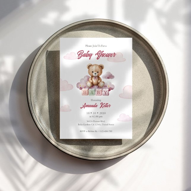 Pink Baby Bear Blocks Baby Shower Invitation (Creator Uploaded)