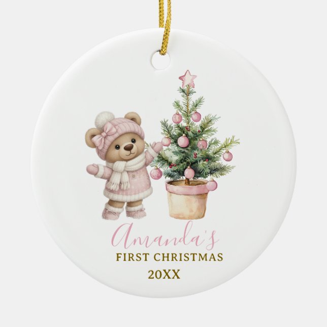 Pink Baby Bear First Christmas Keepsake Ceramic Tree Decoration (Front)