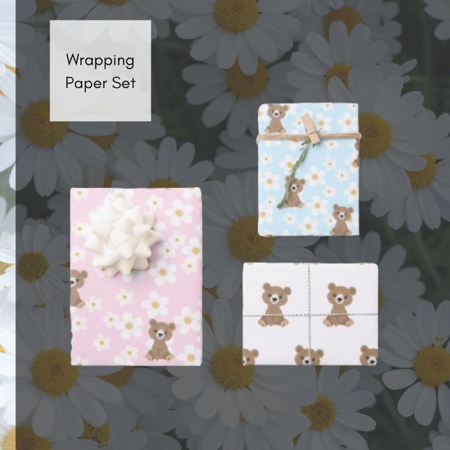 Pink Baby Bear Floral Daisy Wrapping Paper Set (Baby Bear Daisy Wrapping Paper Set)