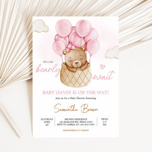 Pink Baby Bear Hot Air Balloon Baby Shower Invitation