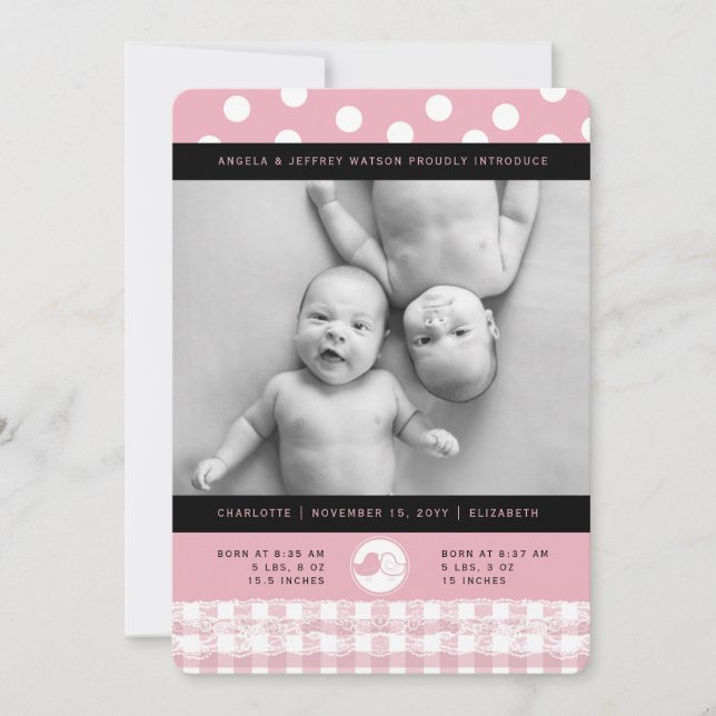 Pink Baby Birds Lace Twin Girls Birth Announcement (Front)