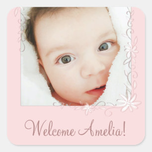 Pink Baby Birth Announcement Vintage  Square Sticker