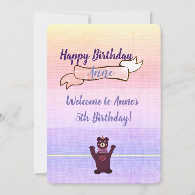 Pink Baby Birthday Party Invitations Bear (Front)