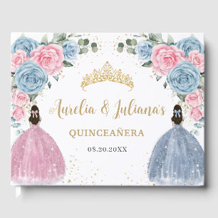 Pink Baby Blue Floral Princesses Twins Quinceañera Guest Book