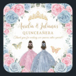 Pink Baby Blue Floral Princesses Twins Quinceañera Square Sticker<br><div class="desc">These coordinating square sticker labels feature two quince girls in a baby blue gown and in a pink gown, pretty pastel baby blue and pale pink flowers and blue and pink butterflies. Personalise them easily and quickly, simply press the customise it button to further re-arrange and format the style and...</div>