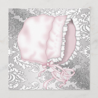 Pink Baby Bonnett Damask Baby Girl Shower Invitation