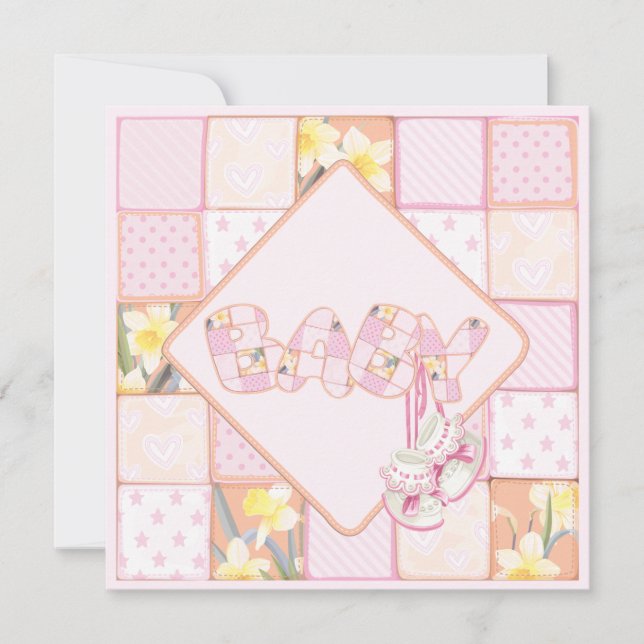 Pink Baby Booties Patchwork Baby Girl Shower Invitation (Front)
