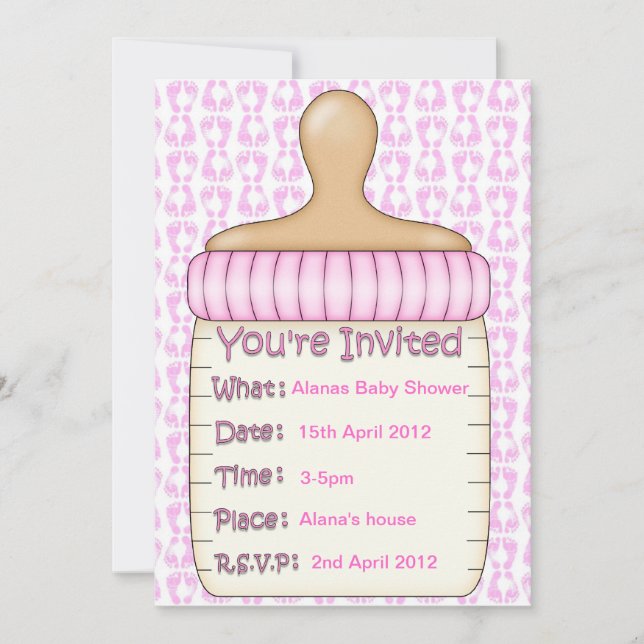 Pink Baby bottle shower invitation (Front)