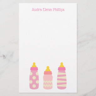 Pink Baby Bottles Personalised Stationery