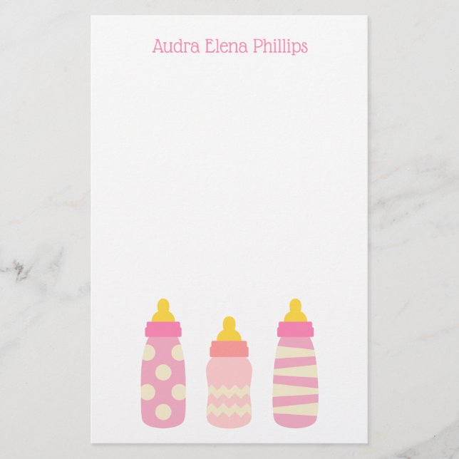 Pink Baby Bottles Personalised Stationery (Front)