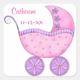 Pink Baby Buggy Boy Name Birth Date Announcement Square Sticker