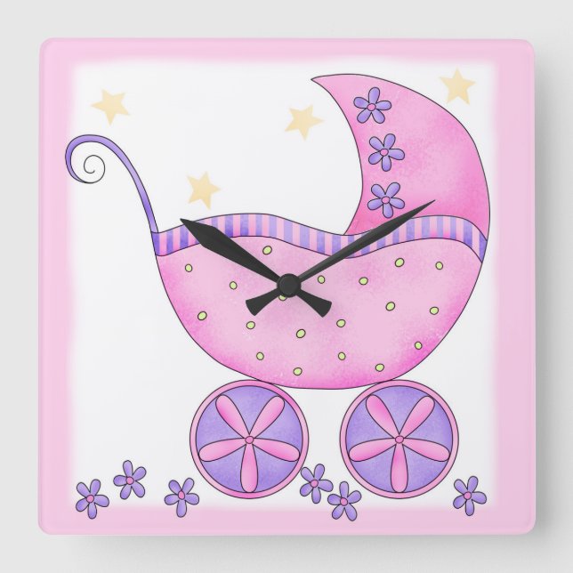 Pink Baby Buggy Carriage Customised Square Wall Clock (Front)