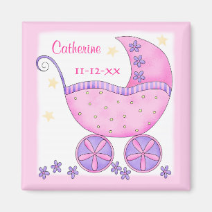 Pink Baby Buggy Carriage Name Birth Date Custom Magnet
