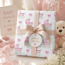 Pink Baby Carriage & Bow Watercolor