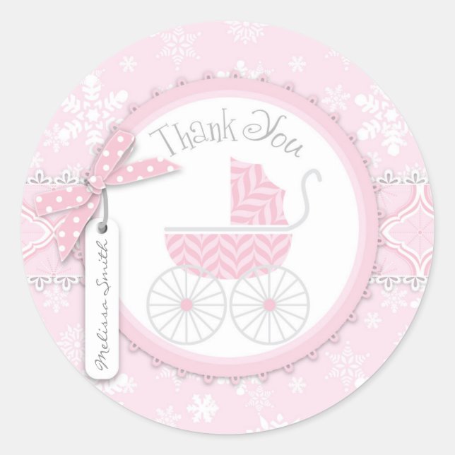 Pink Baby Carriage & Winter Snowflake Thank You Classic Round Sticker (Front)