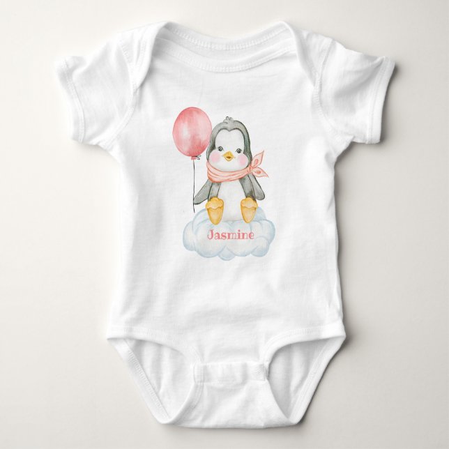 Pink Baby Cartoon Penguin And Cloud Personalised Bodysuit (Front)