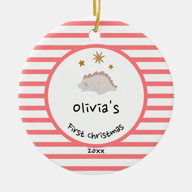 Pink Baby Dino | First Christmas Red Stripe Chic Ceramic Tree Decoration (Front)