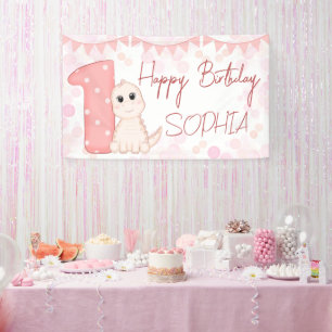 Pink baby dinosaur 1st birthday party personalized banner